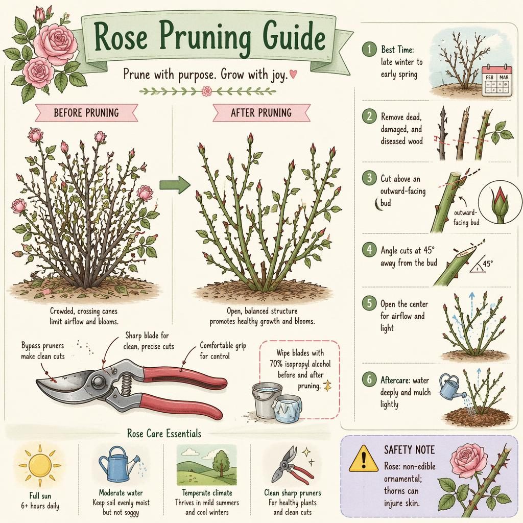 Pastel rose pruning infographic with before-and-after shrub, angled cut examples, pruners, and seasonal care icons.