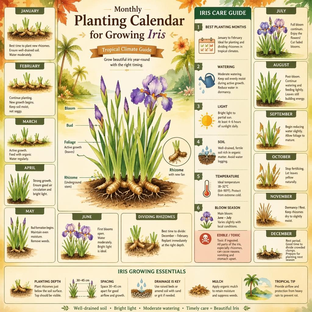 Watercolor tropical infographic showing a monthly planting calendar to grow iris with care icons, callouts, and iris stages.