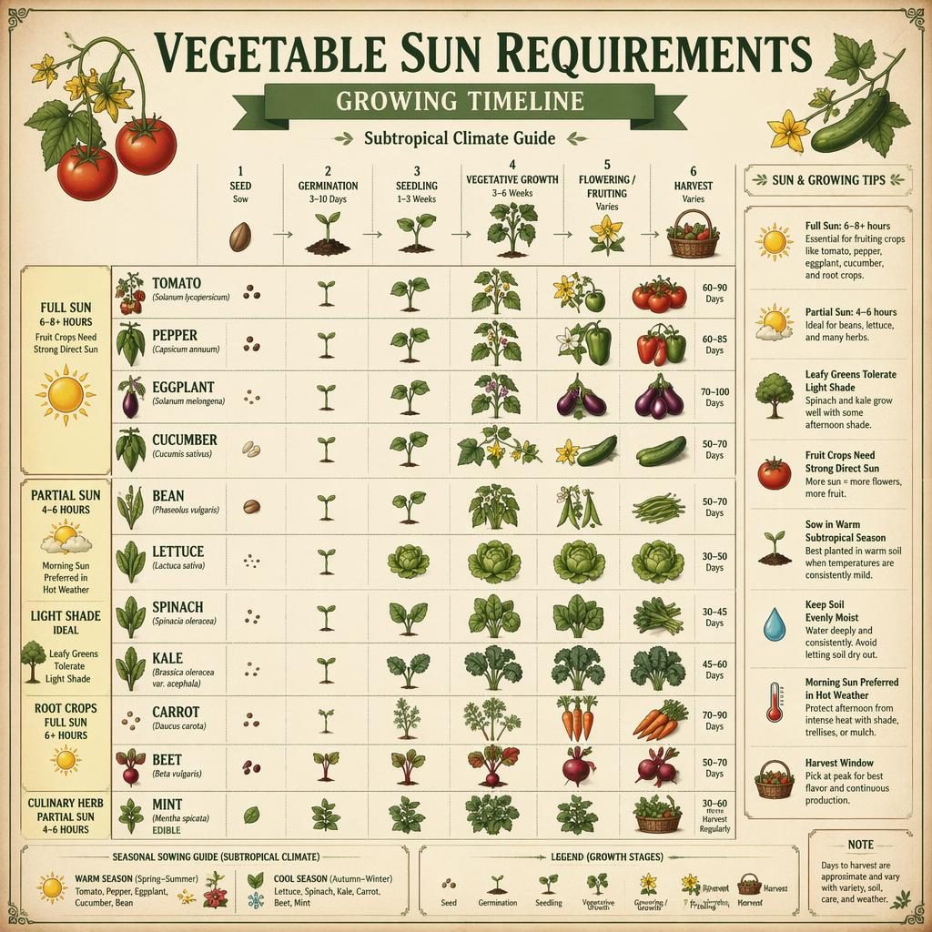 Vintage gardening infographic showing vegetable sun needs, seed-to-harvest stages, and caring for mint in subtropical gardens.