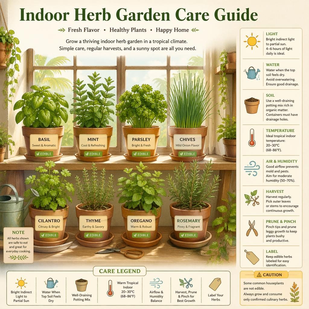 Watercolor indoor herb garden infographic with basil, mint, parsley, chives, cilantro, thyme, oregano, and rosemary.