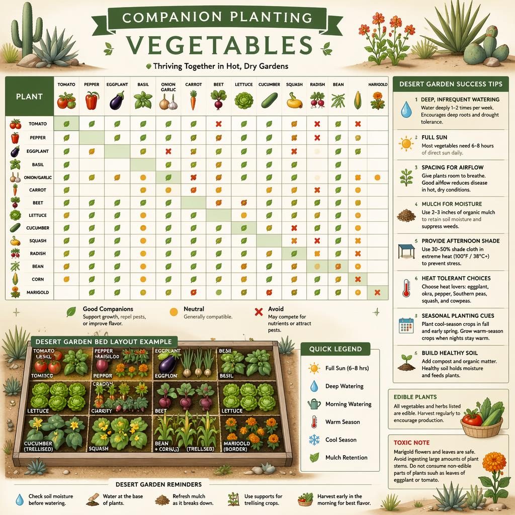 Botanical-style gardening infographic with a companion planting grid for desert vegetables, icons, legends, and care callouts.