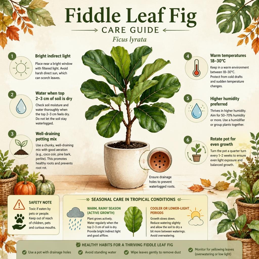 Watercolor infographic of a fiddle leaf fig care guide with 6 labeled callouts, care icons, safety note, and tropical season panel.