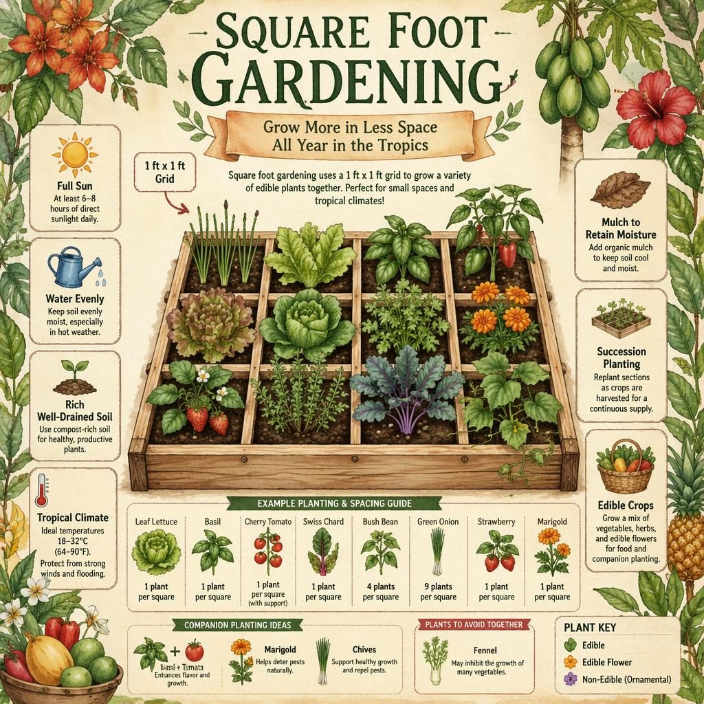 Watercolor gardening infographic of a tropical square foot raised bed with 1-foot grid, edible crops, herb labels, and care icons.