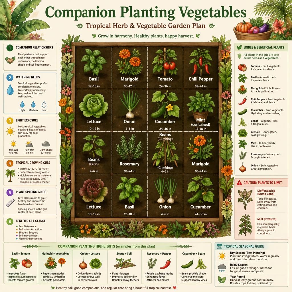 Infographie jardinage en grille aquarelle montrant légumes et herbes tropicales avec repères d’arrosage, lumière et associations.