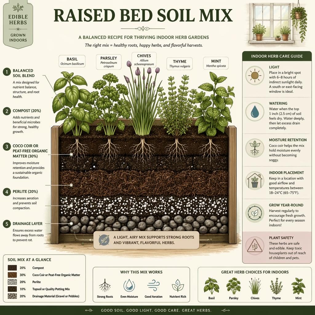 Infographic cross-section of an indoor raised herb bed with basil, parsley, chives, thyme, and mint plus soil mix callouts.