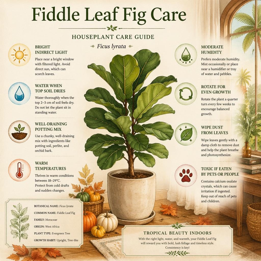 Watercolor gardening infographic showing fiddle leaf fig care tips, labeled callouts, care icons, and elegant indoor setting