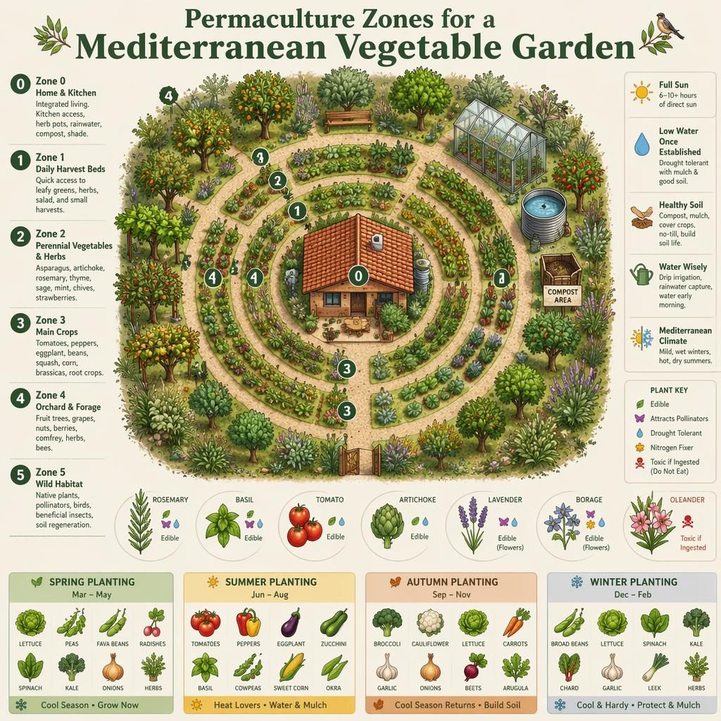 Top-down Mediterranean vegetable garden infographic with permaculture zones 0-5, home, beds, orchard, habitat edge, icons and labels.