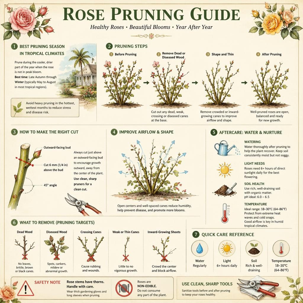 Vintage-style rose pruning infographic with botanical diagrams, tropical seasonal tips, care icons, and thorn safety note.