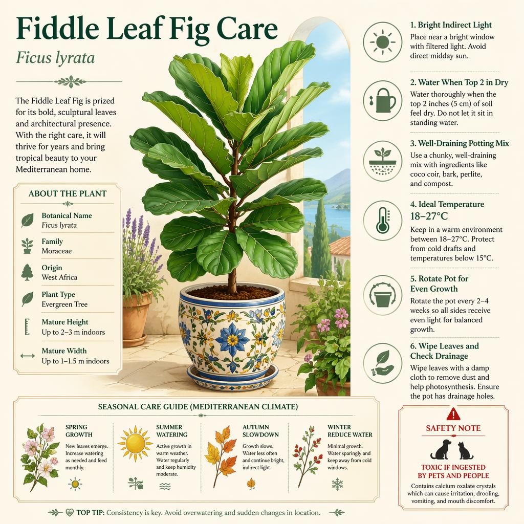 Editorial plant care infographic showing a fiddle leaf fig in a decorative pot with 6 care callouts and seasonal strip