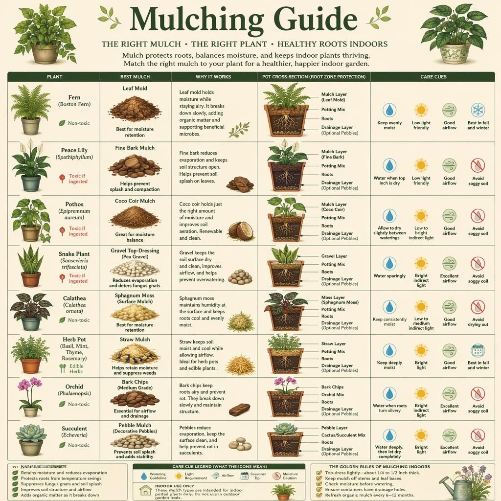 Editorial indoor plant mulching guide grid with botanically illustrated houseplants, mulch types, care callouts, and icons.