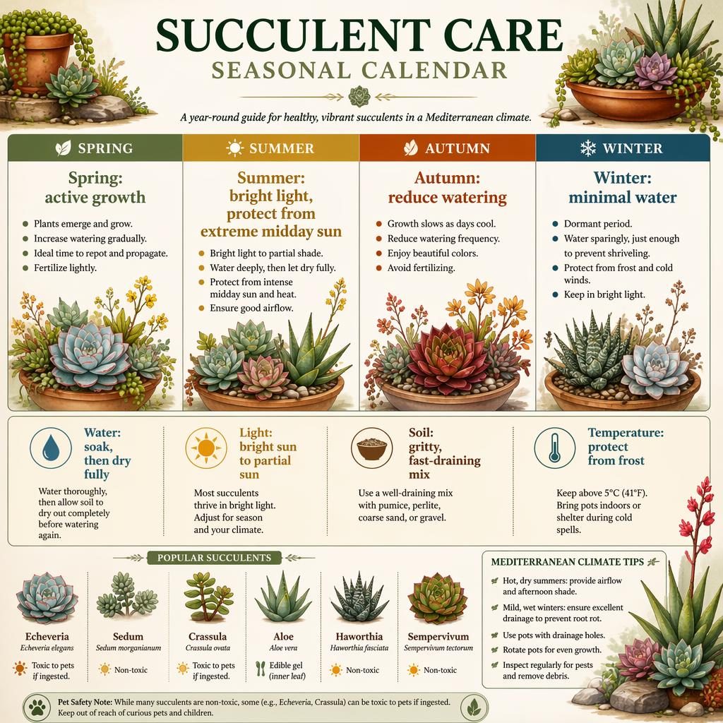 Infographie botanique en 4 saisons sur l’entretien des succulentes, avec Echeveria, Sedum, Aloe et icônes soin.
