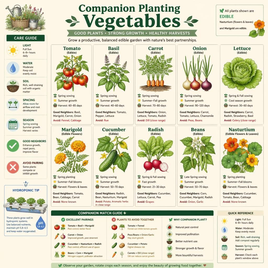 Botanical cottage-style infographic board showing companion planting vegetables with labeled icons for sun, water, soil, season, spacing, and pairing.