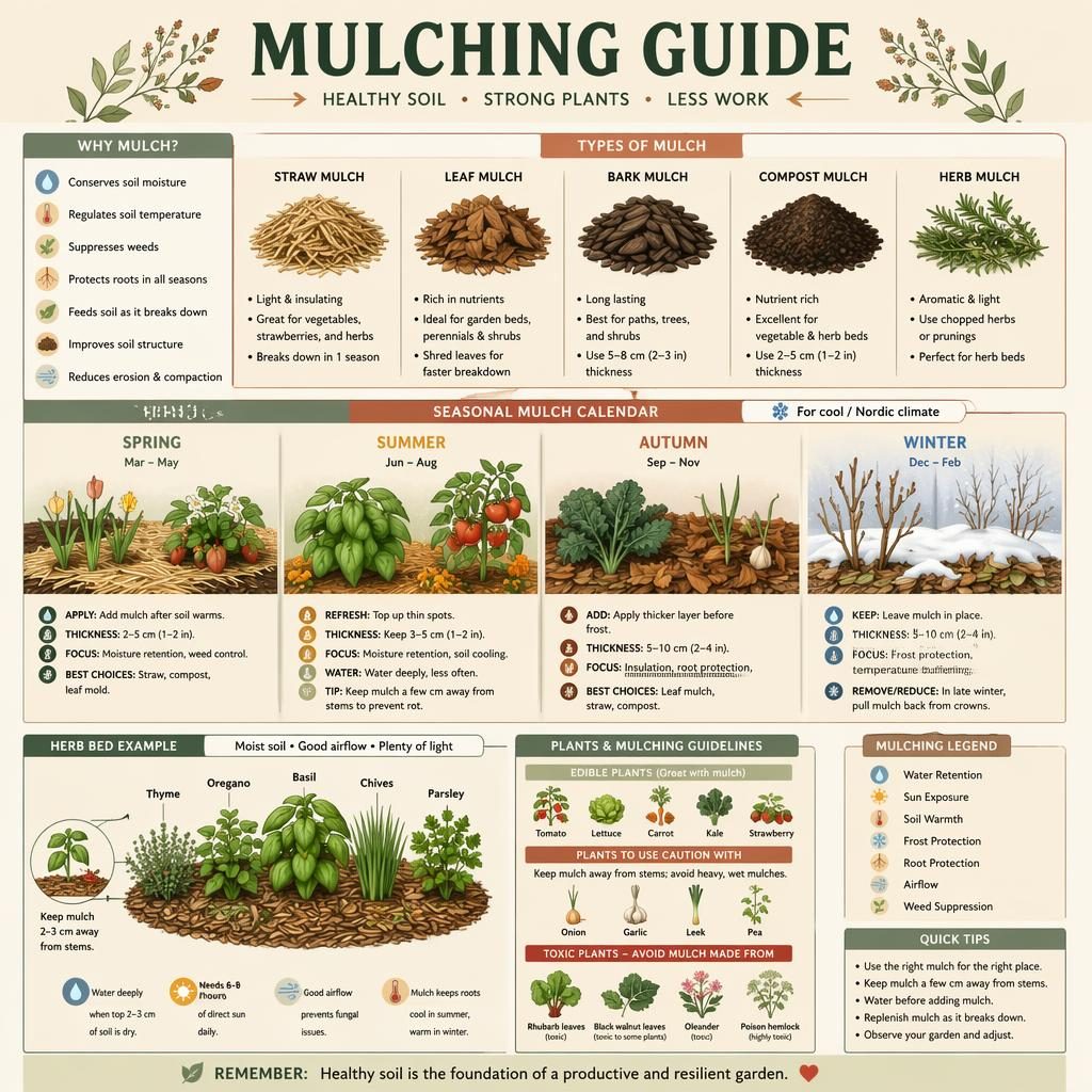Seasonal mulching infographic with straw, leaf, bark, and compost mulch, herb beds, icons, and English callouts.
