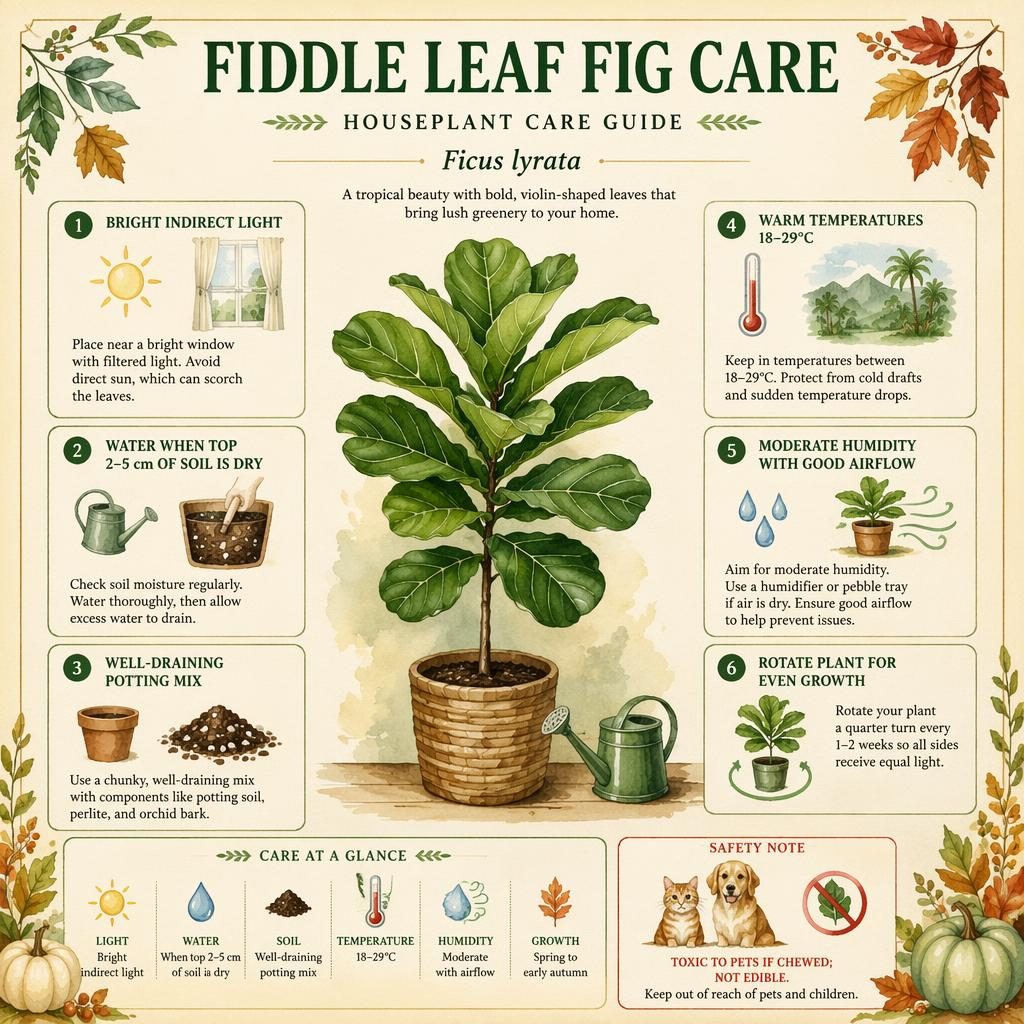 Vintage-style fiddle leaf fig care infographic with 6 plant care callouts, icons, watercolor borders, and pet safety note.