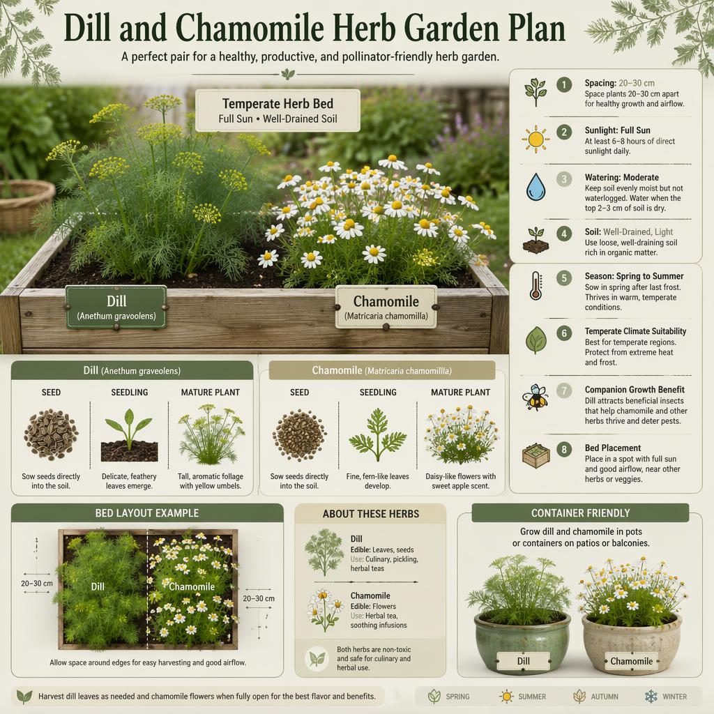 Botanische Infografik mit Dille und Kamille in Hochbeeten und Containern, mit englischen Pflege-Labels und Wachstumsstufen.