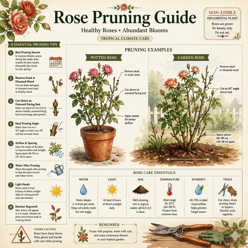 Botanical infographic showing potted and garden roses with pruning cuts, care icons, tropical season tips, and labeled callouts.