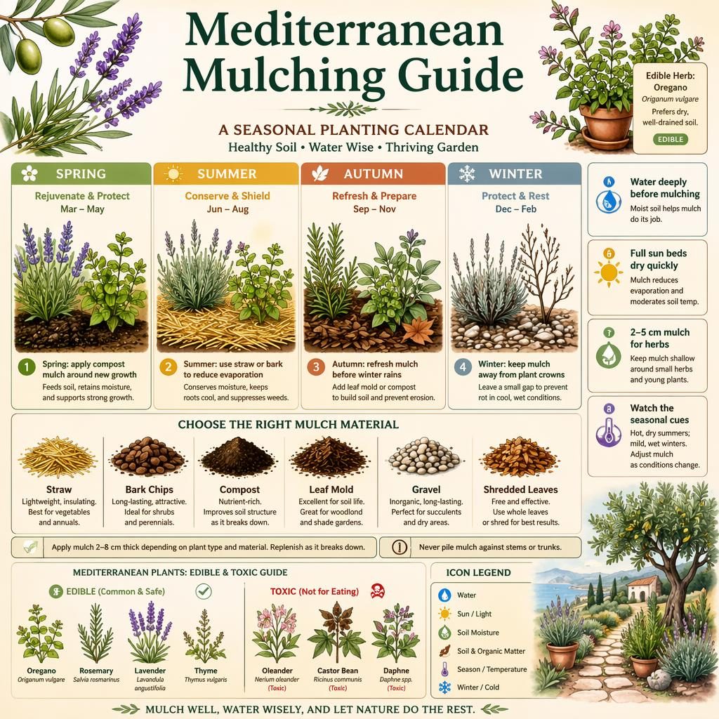 Botanical infographic showing a 4-season Mediterranean mulching calendar with mulch types, care callouts, icons, and labeled edible oregano.
