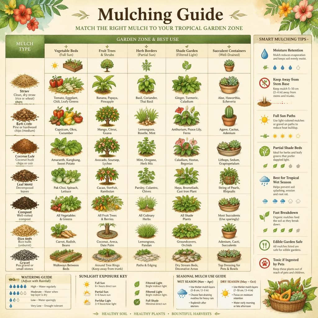 Tropical gardening infographic grid comparing mulch types, garden zones, plants, and care callouts in watercolor style.