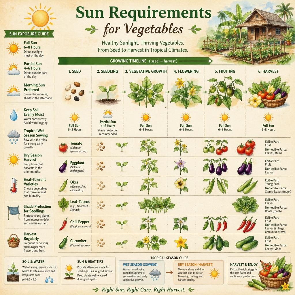 Watercolor gardening infographic showing a seed-to-harvest vegetable timeline with sun, water, and season callouts.