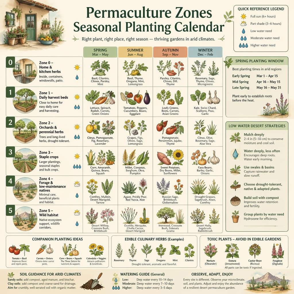 Botanical infographic calendar of permaculture zones 0-5 for desert gardens with herbs, seasonal cues, watering icons, and callouts.