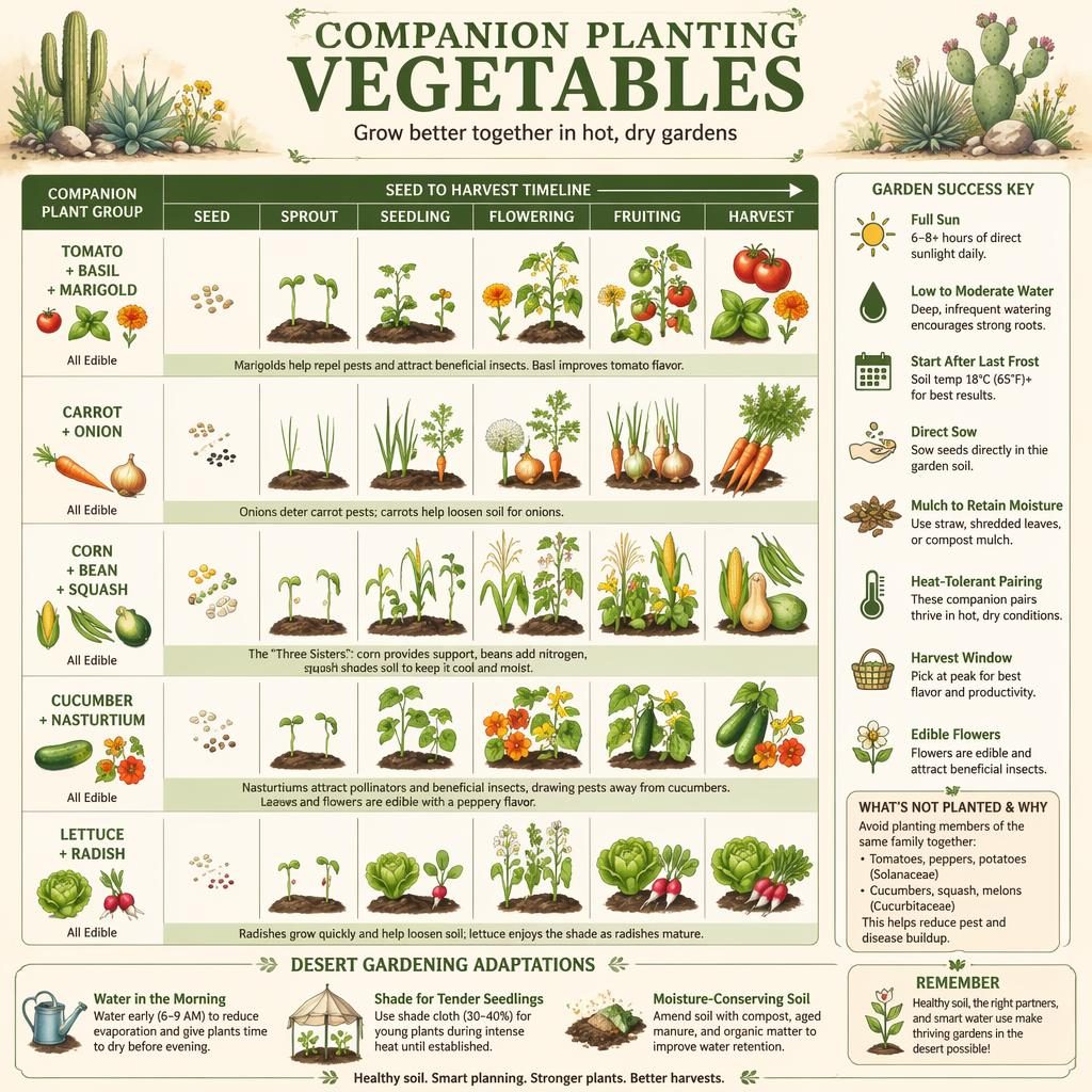 Vertical gardening infographic with seed-to-harvest timeline for companion vegetable plantings in hot, dry gardens.
