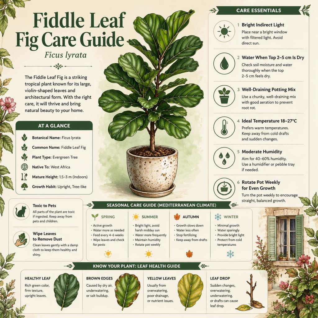 Botanical infographic of a fiddle leaf fig care guide with 6 labeled callouts, pet toxicity note, dust note, and leaf stress icons.