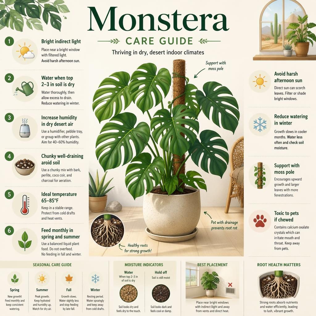 Vertical Monstera care infographic with botanical illustration, green icons, and 6 English callouts for desert indoor care.