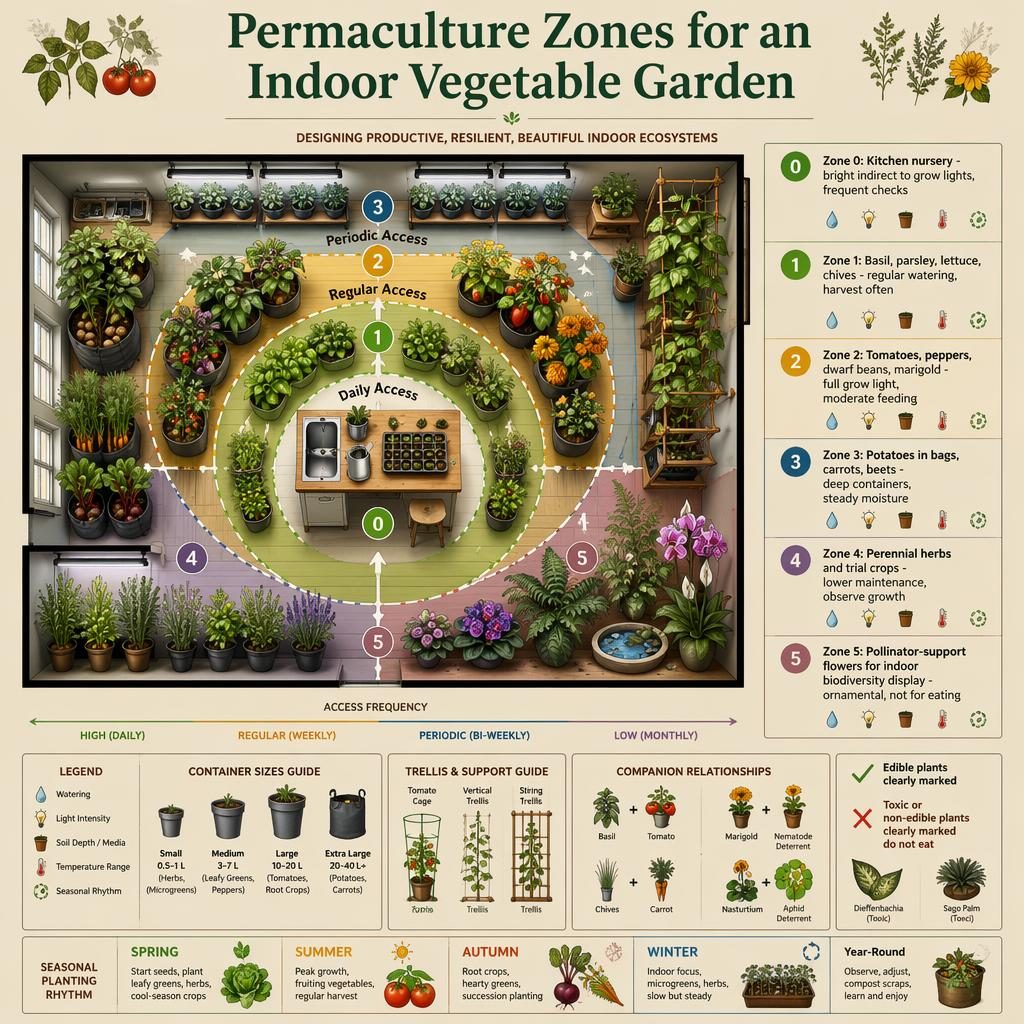 Infographie de jardinage montrant un potager intérieur en zones 0 à 5, avec légumes, herbes, fleurs compagnes et légende.