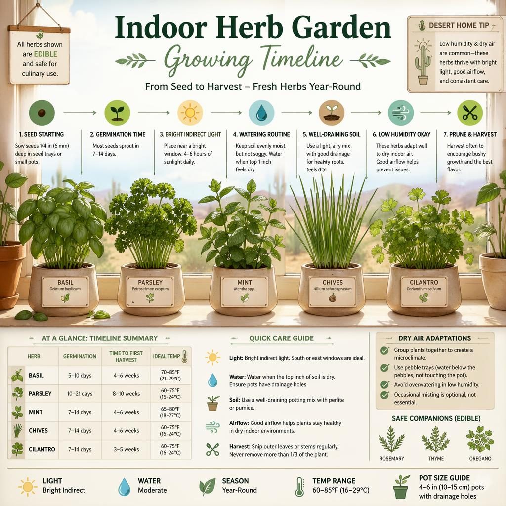 Botanical infographic of a sunny windowsill showing basil, parsley, mint, chives, and cilantro from seed to harvest.