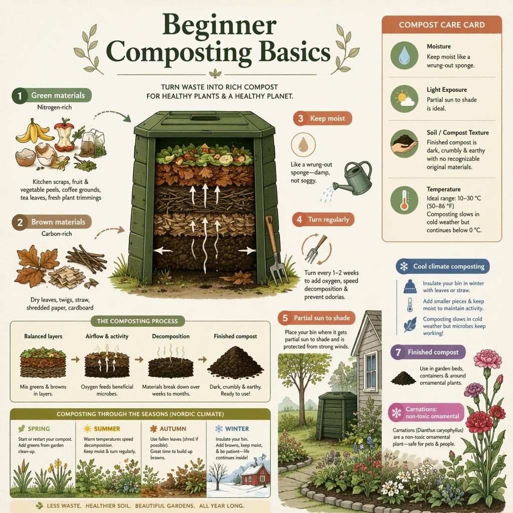 Minimal flat infographic showing compost layers, bin, scraps, leaves, twigs, finished compost, and labeled carnation border