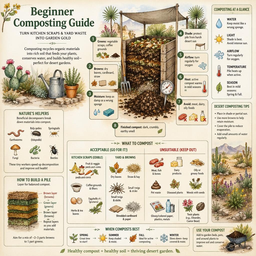 Gemütliche Garten-Infografik zum Kompostieren für Anfänger mit botanischen Illustrationen, englischen Labels und Wüstenklima-Hinweisen.