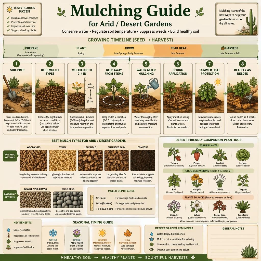 Gardening infographic showing a desert-climate mulching timeline with labeled steps, mulch types, icons, and plant beds.