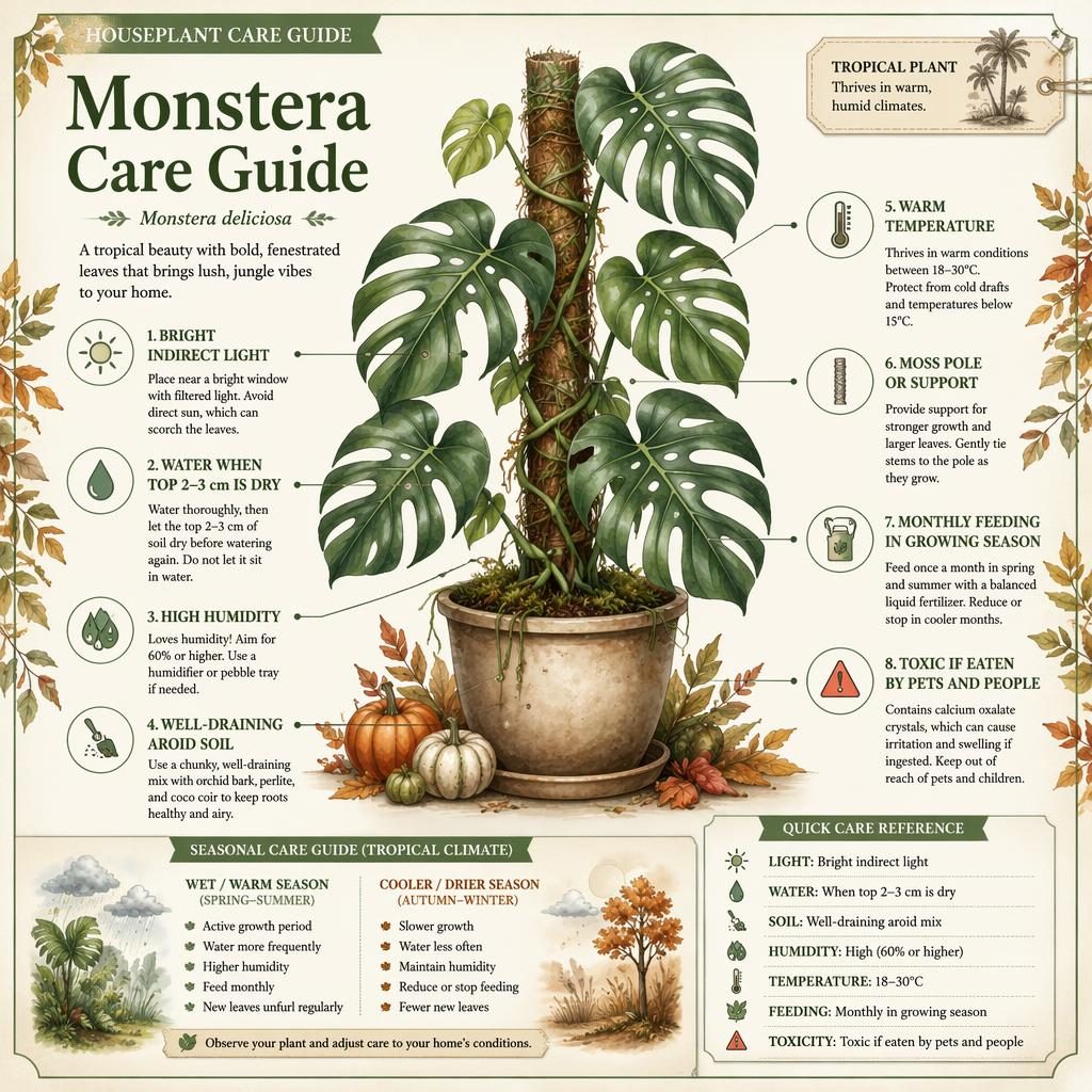 Botanische Infografik mit Monstera deliciosa, Pflegehinweisen, Icons, Legenden und saisonalem Pflegepanel im Aquarellstil.