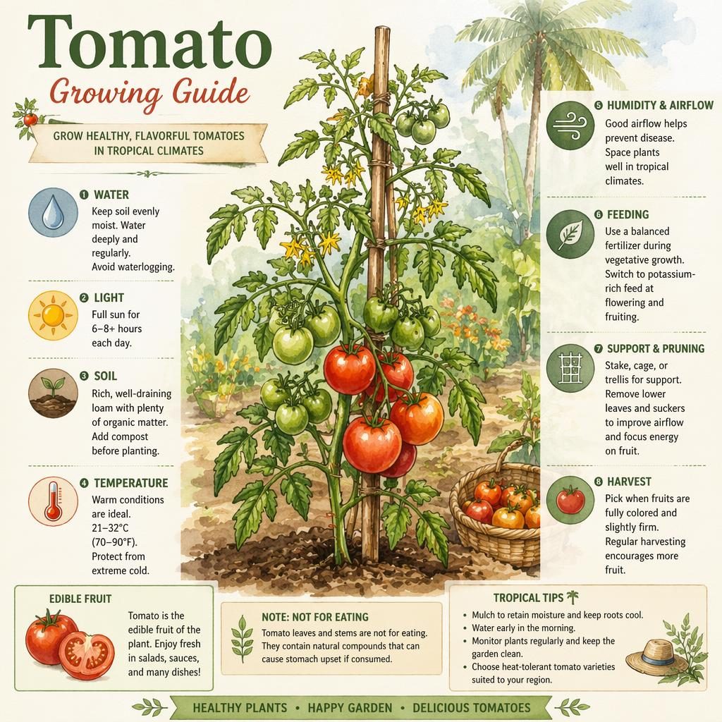 Watercolor tomato care infographic with labeled icons, vine, yellow flowers, green and red fruits, and trellis support.