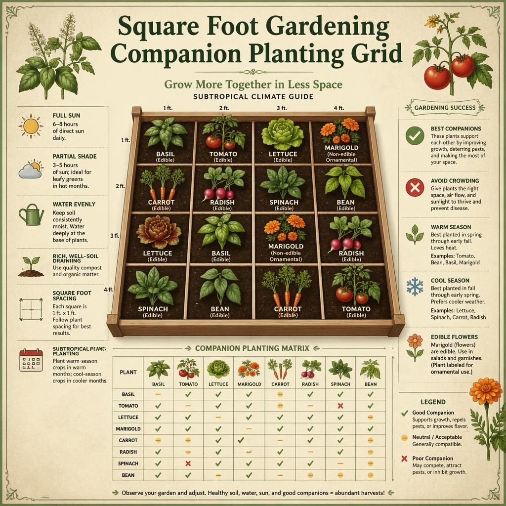 Vintage-style square foot gardening companion planting grid with edible plants, callouts, icons, and subtropical layout.