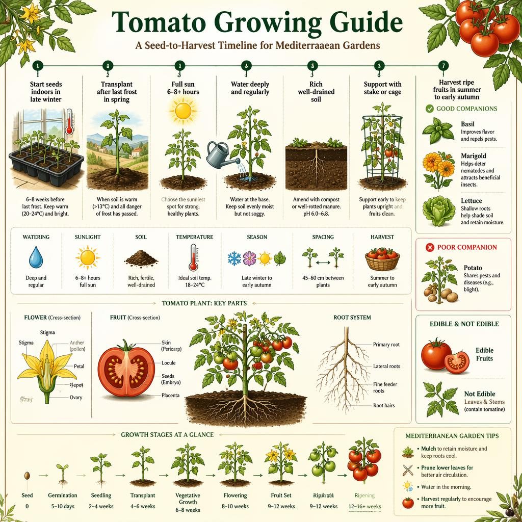Infographie botanique sur la culture de la tomate avec frise semis-récolte, 7 étapes, compagnons utiles et avertissements