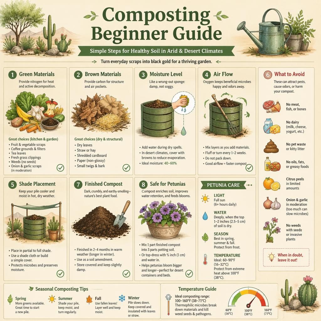 Botanical infographic on beginner composting in arid climates with labeled materials, compost bin, tools, finished compost, and petunia.