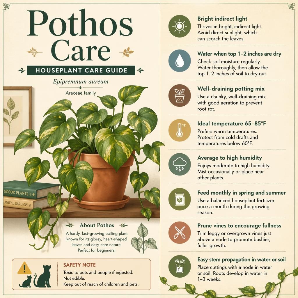 Editorial pothos care infographic with botanical vines, labeled care callouts, icons, vintage green and terracotta palette.