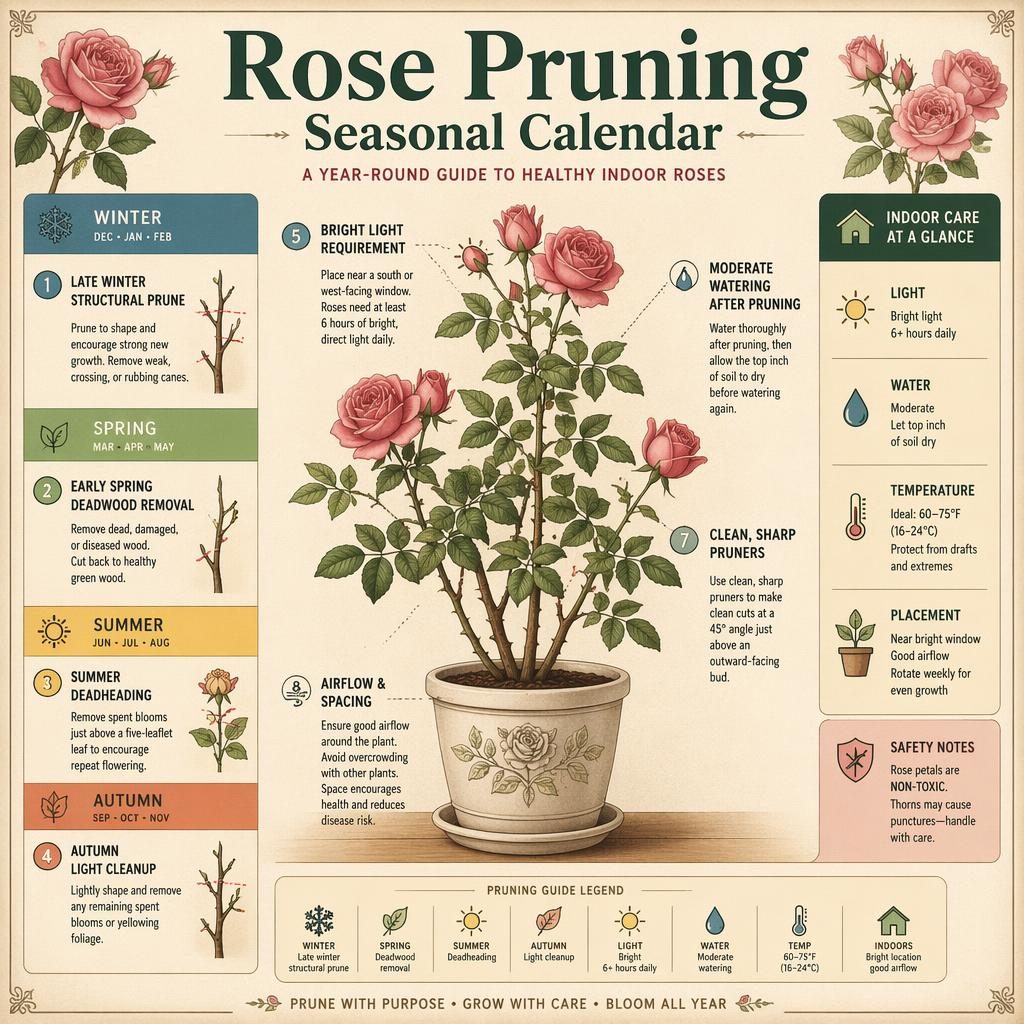 Editorial gardening infographic showing an illustrated indoor rose with seasonal pruning panels, icons, and English care callouts.