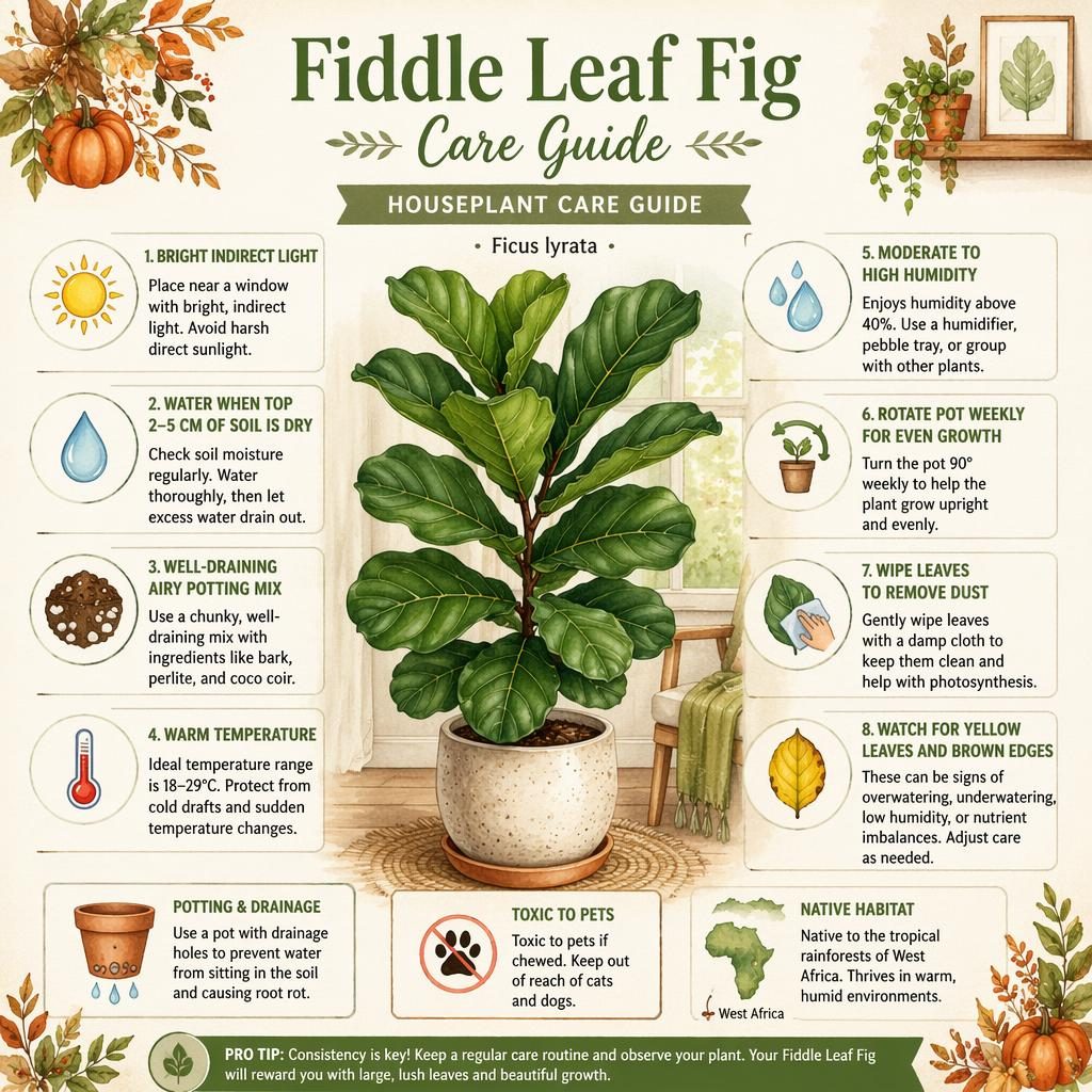 Watercolor gardening infographic of a potted fiddle leaf fig with labeled care tips, icons, and a toxic to pets note.