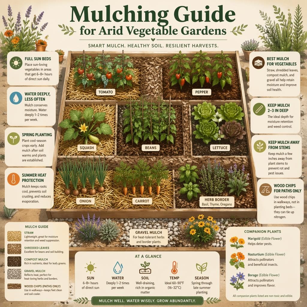 Infografía de huerto árido con cama de cultivo, verduras etiquetadas y tipos de acolchado como paja, compost y grava.