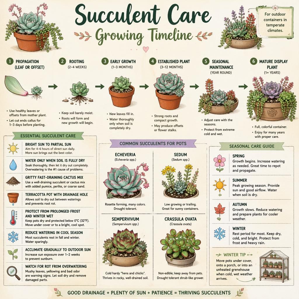 Vertical succulent care infographic showing stages from propagation to mature potted plant with callouts for sun, watering, soil, frost, and drainage.