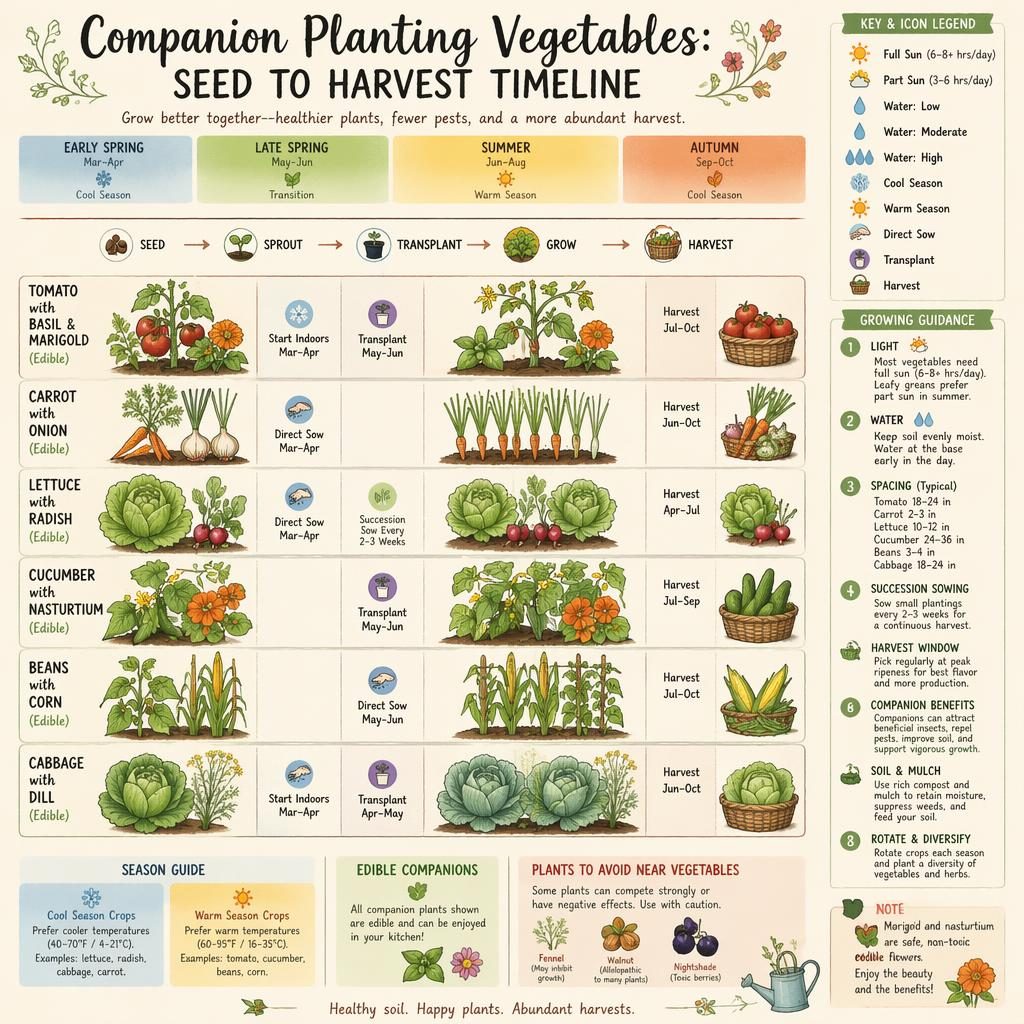 Infographie jardinage style sketchnote montrant une frise semis-récolte avec tomate, basilic, œillet d’Inde et autres associations