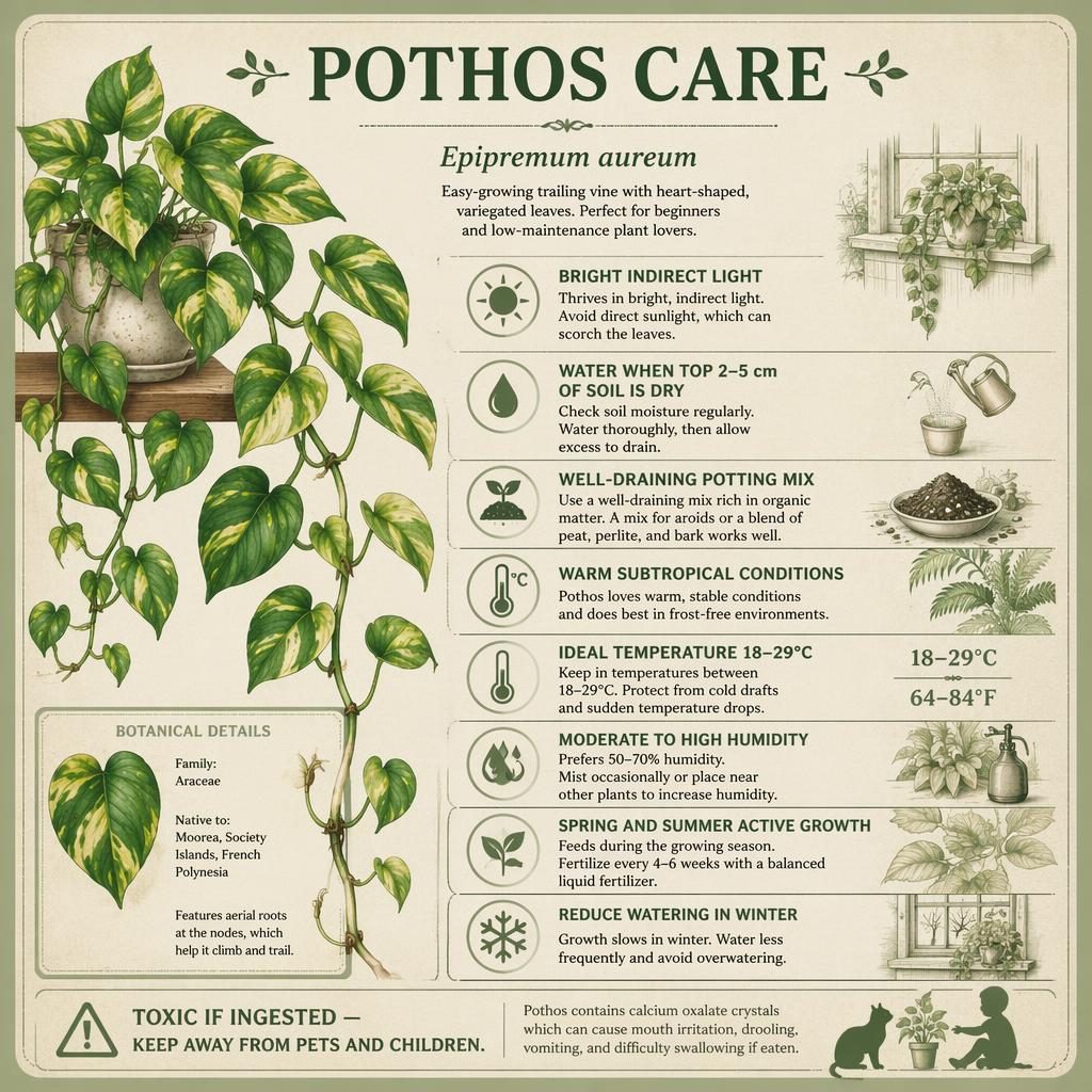 Vintage-style Pothos Care infographic with botanical vines, labeled care callouts, icons, and toxic safety note.