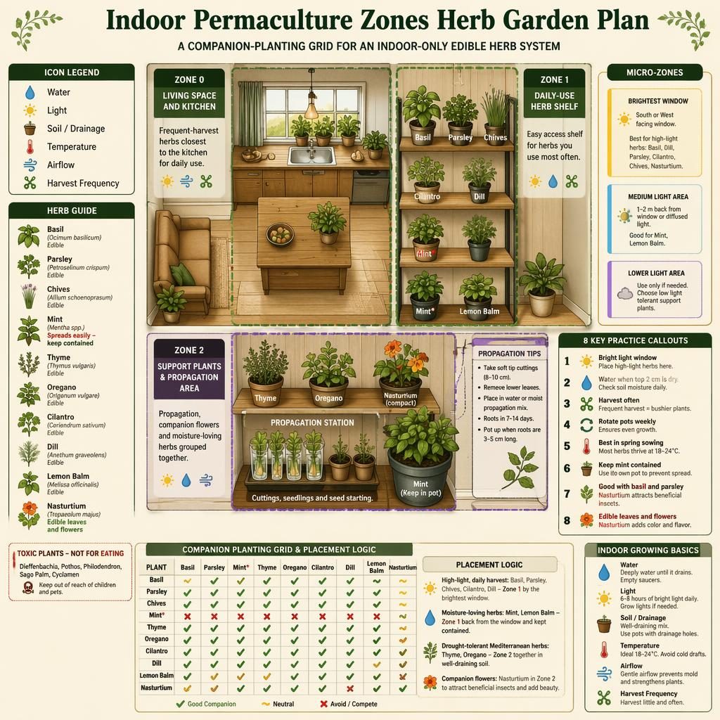 Indoor herb garden permaculture infographic with labeled zones, herb grid, windowsill, shelves, callouts, and care icons.