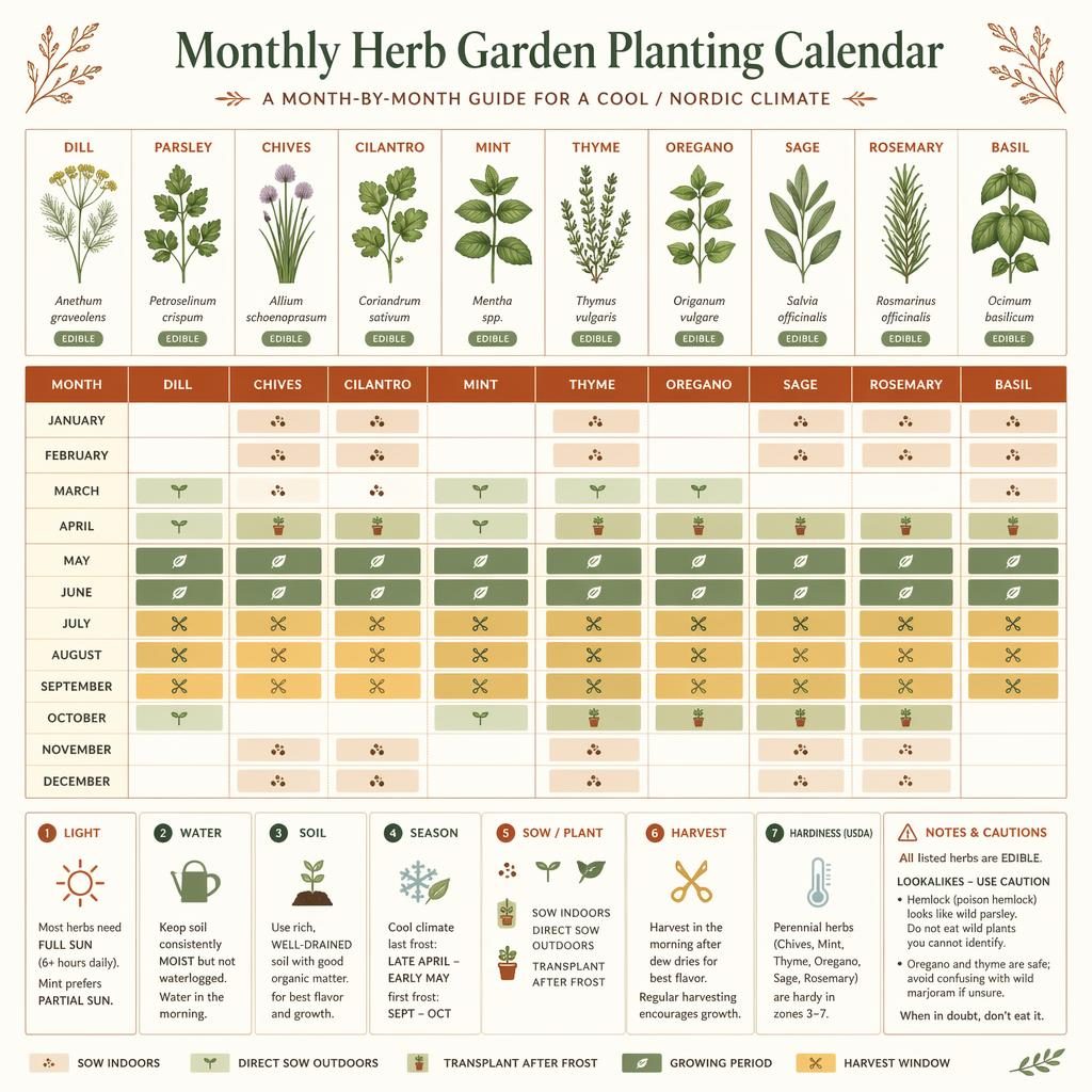 Infographie calendrier mensuel des herbes sur 12 mois, style plat terracotta, avec basilic, menthe, thym et légende.