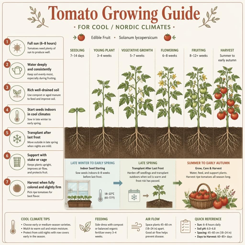 Minimal flat Tomato Growing Guide infographic with botanical tomato stages, 7 care callouts, icons, and cool-climate timing.