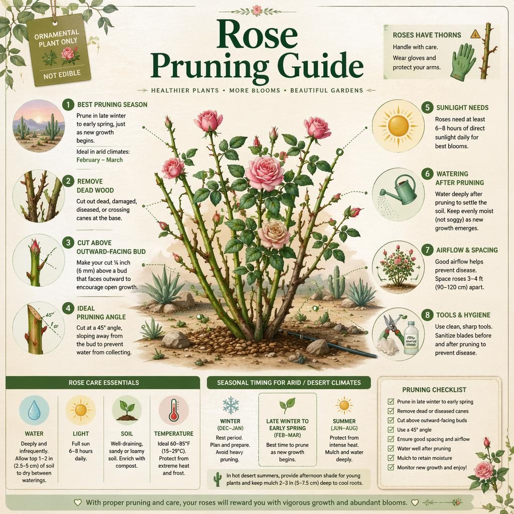 Infographie botanique sur la taille des rosiers, style fiche de soin, avec schémas, pictogrammes et repères désertiques.