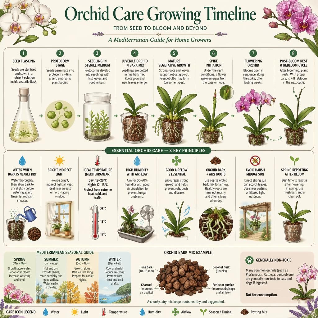 Botanical orchid care timeline infographic showing seed flasking to rebloom, with roots, bark mix, care callouts, and icons.