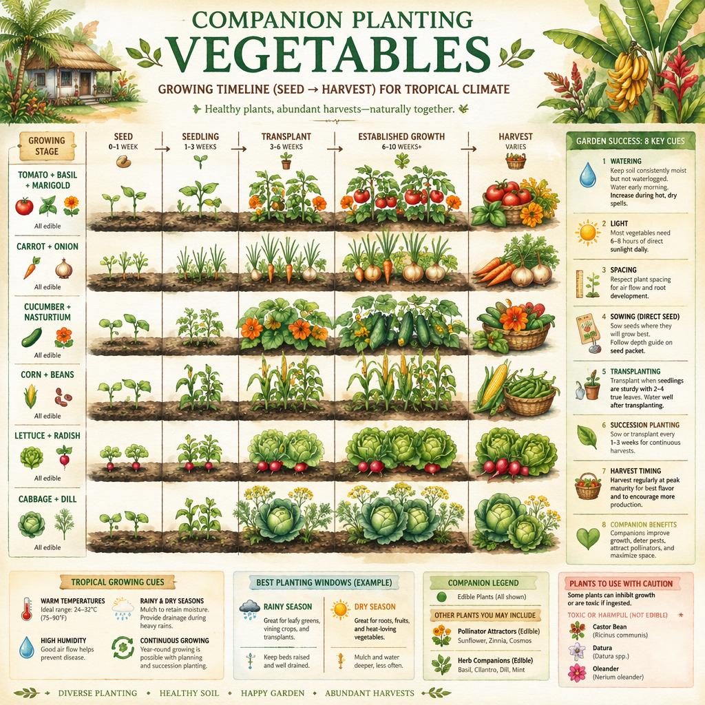 Watercolor infographic of companion planting vegetables in tropical garden beds with seed-to-harvest timeline and labeled pairings.